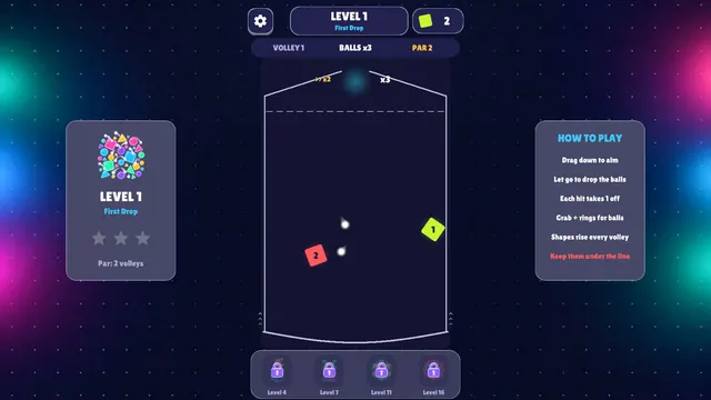 Ball Breaker level 1 First Drop with numbered neon shapes