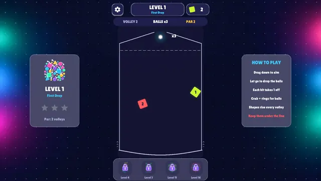 Aim line from the launcher at the top of the arena