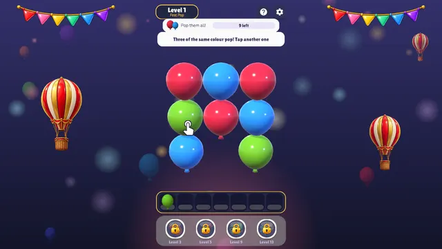 Level 1 First Pop counter showing nine balloons left