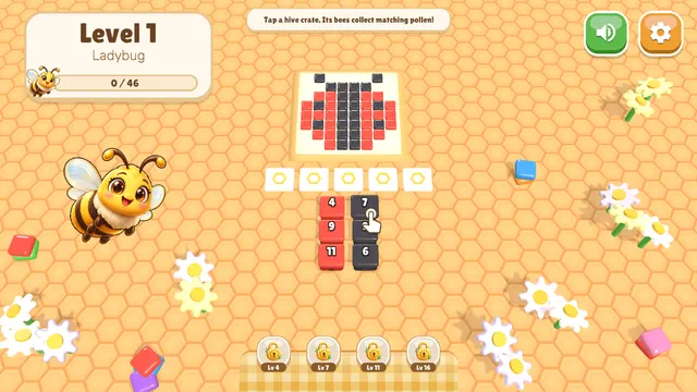Pixel ladybug picture above stacks of numbered hive crates