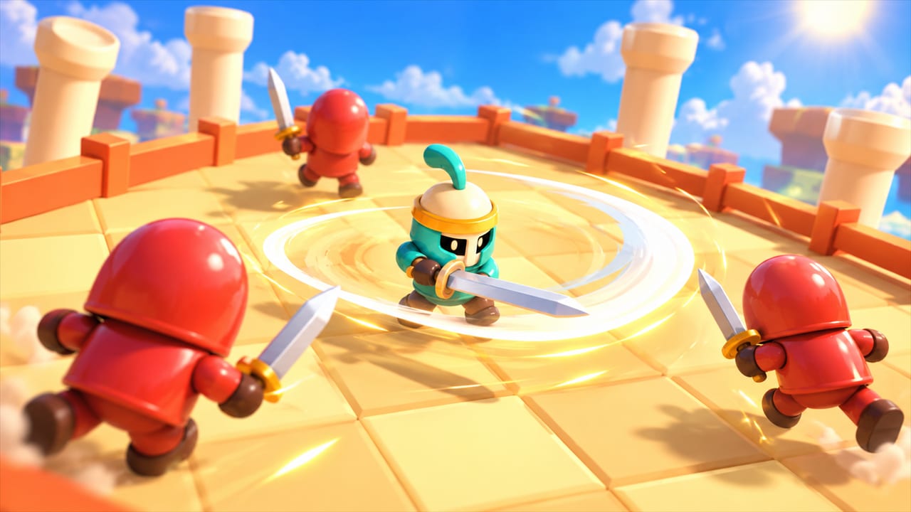 A cute toy knight spinning his sword in a sandy arena