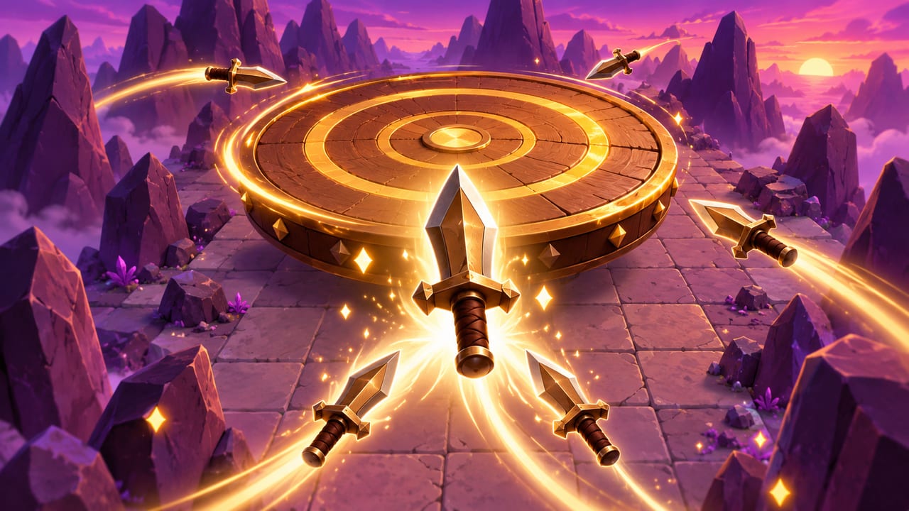 Glowing throwing blades flying at a spinning stone wheel