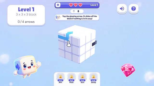 Block Away level 1 with a 3 x 3 x 3 white block and arrows