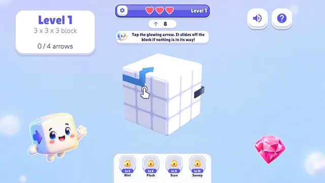 Smiling cube mascot next to the puzzle