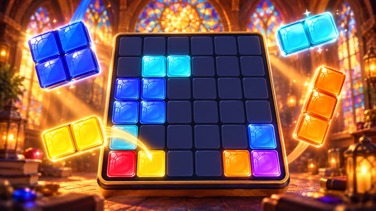 Colorful stained-glass panes on a window grid in a glowing cathedral