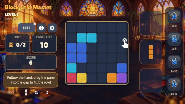 Block Grid Master with blue panes placed and 10 panes left
