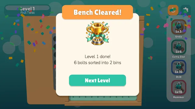 Bolt Puzzle level 1 cleared: 6 bolts sorted into 2 bins