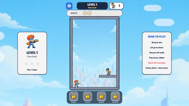 Bounce Shot level 1 First Catch with the caped hero aiming at a robber