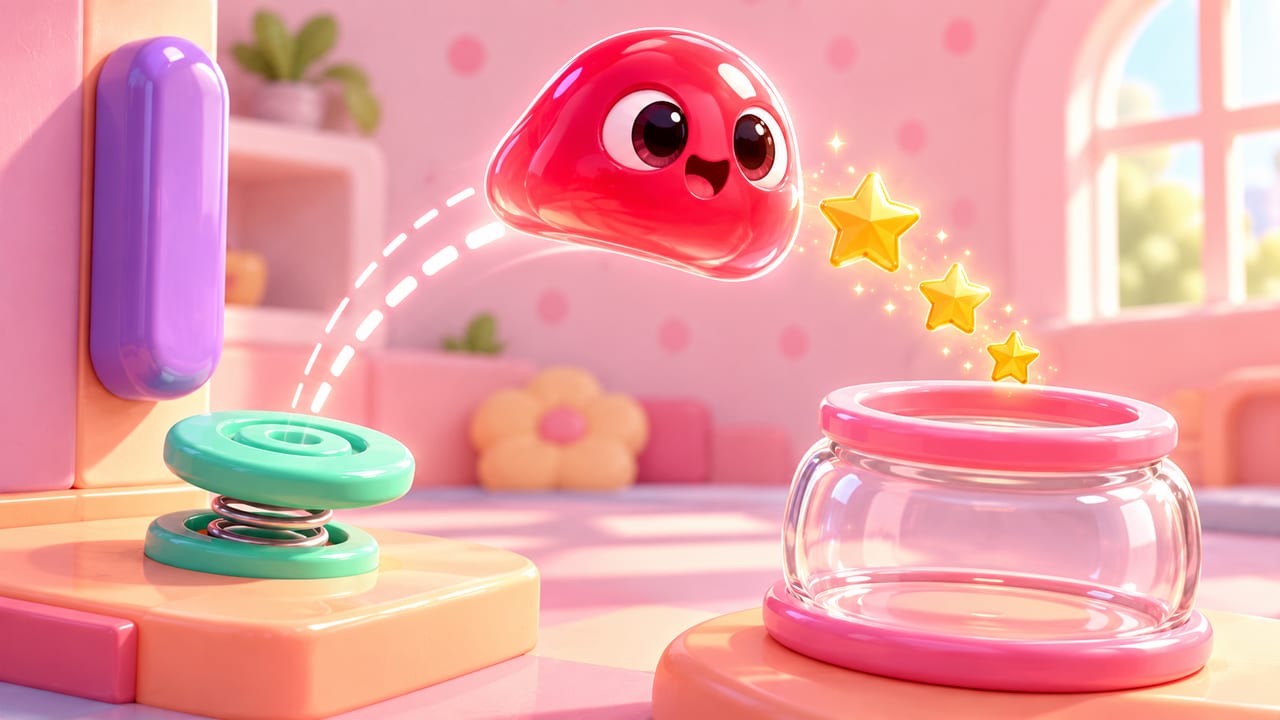 A little red jelly blob bouncing toward a glass jar