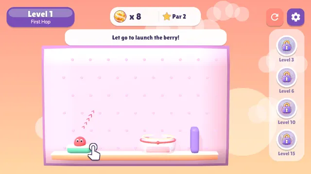 Bouncy Blob level 1: hold to charge the blob, dotted arc toward the jar