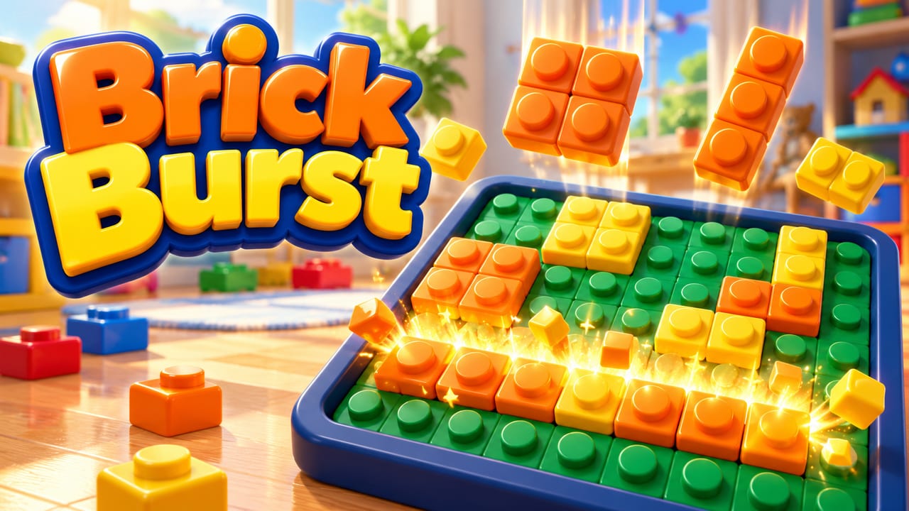Orange and yellow toy brick pieces dropping onto a green baseplate, a full row bursting