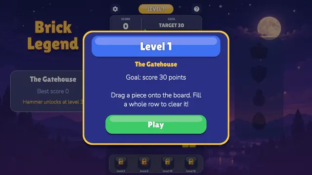 Brick Legend stage The Gatehouse with a dark night grid