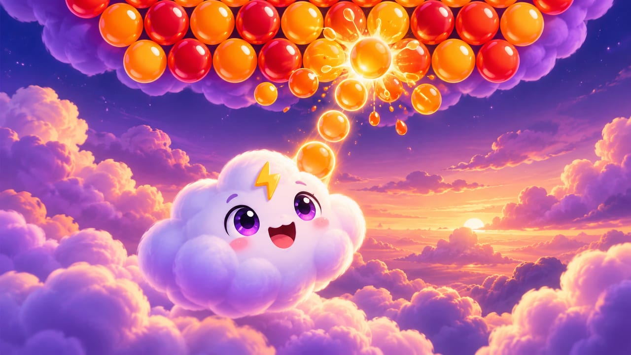Bubble Burst Bay cover art: a storm-cloud shooter popping bubbles in a dusk sky