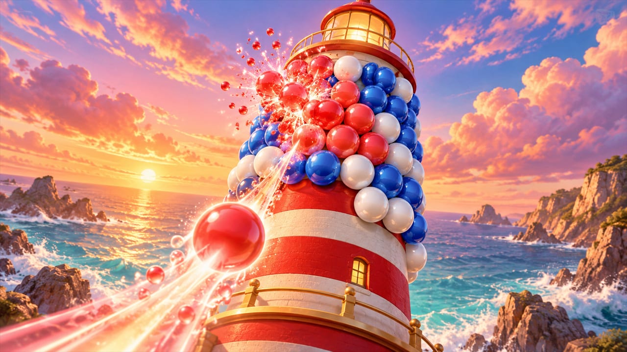 A red and white lighthouse wrapped in colored marbles at sunset