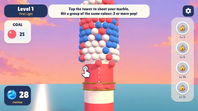 Bubble Spire: lighthouse covered in red, blue and white marbles