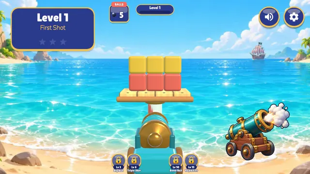 Cannon Crash level 1 First Shot with yellow and red blocks on a beach