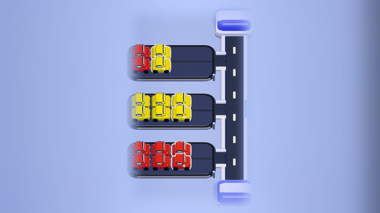 Car Lot Lineup: three parking bays of red and yellow cars beside a one-lane road