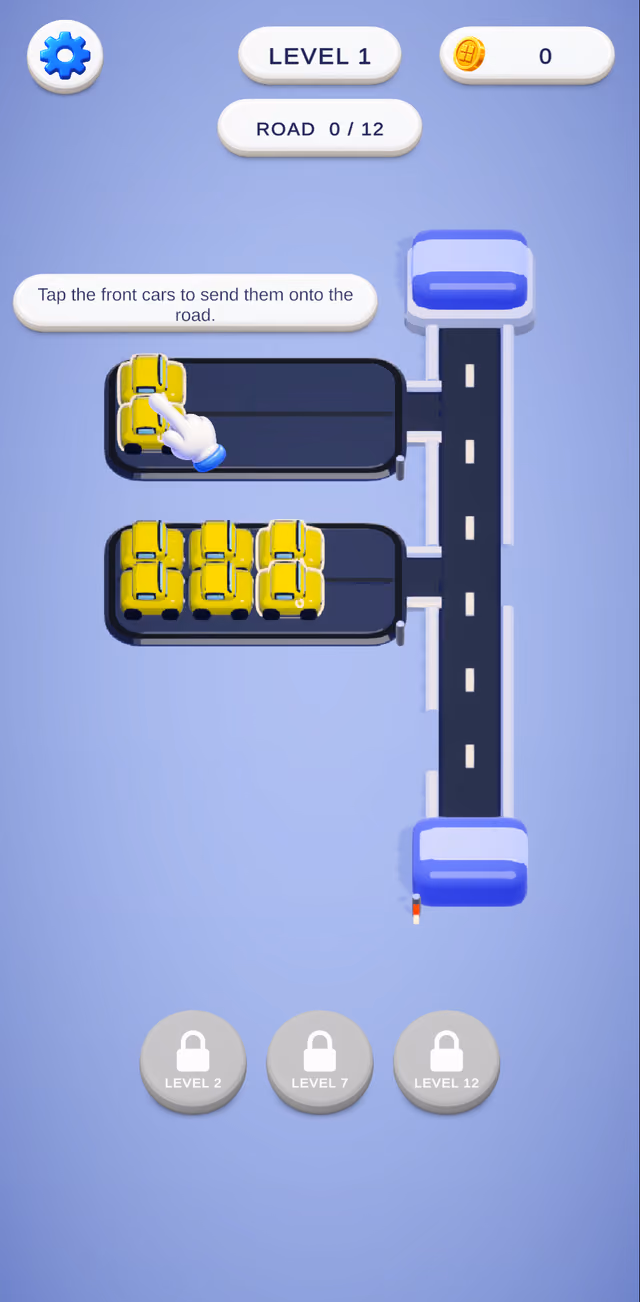 Car Lot Lineup level 1: two parking bays of yellow cars beside a road