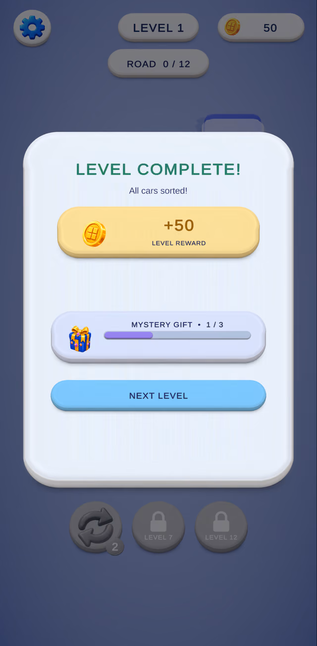 Car Lot Lineup level complete screen after all cars are sorted