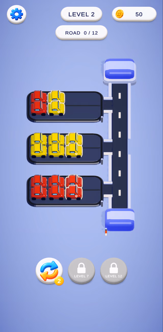 Car Lot Lineup level 2: bays of red and yellow cars and an empty road