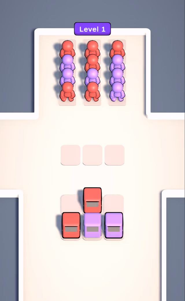 Carpool Colors level 1: red and purple passengers above three pickup spots