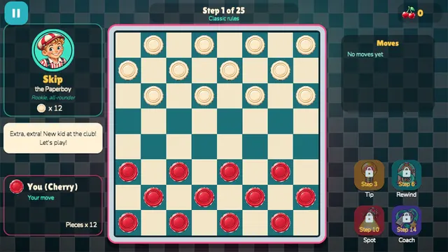 Checkers Club house rules: Cherry moves first, men slide diagonally forward