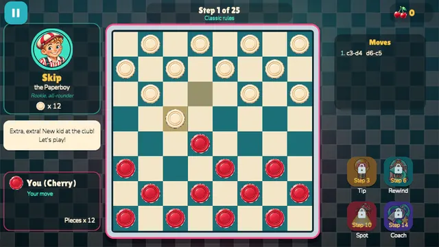 Checkers Club step 1 against Skip the Paperboy, opening c3-d4