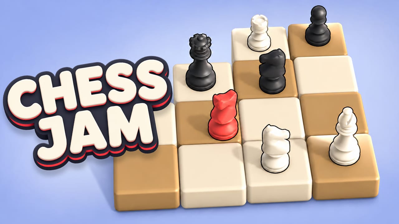 Chess Jam: a red knight among black and white chess pieces on a small wooden board, with the Chess Jam title