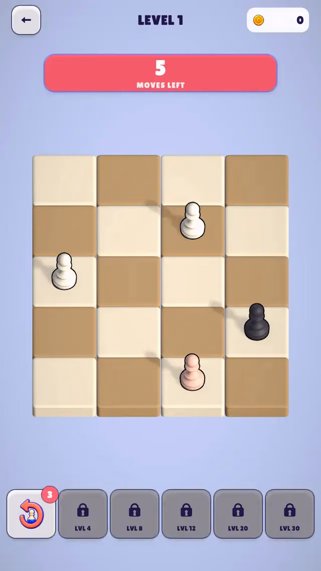 Chess Jam level 1: white pawns closing in on the last black pawn