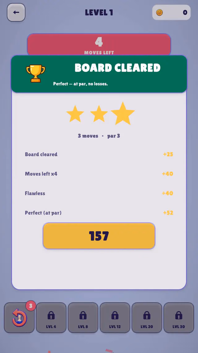 Chess Jam board cleared screen with three stars, three moves at par