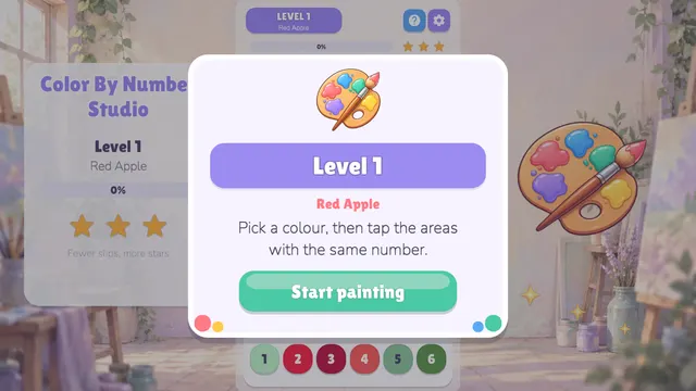 Level card: pick a color, then tap the areas with the same number
