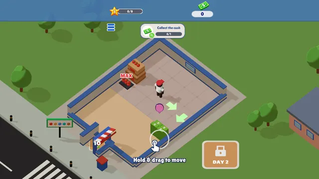 Corner Market Tycoon shop seen from above with crates and a checkout