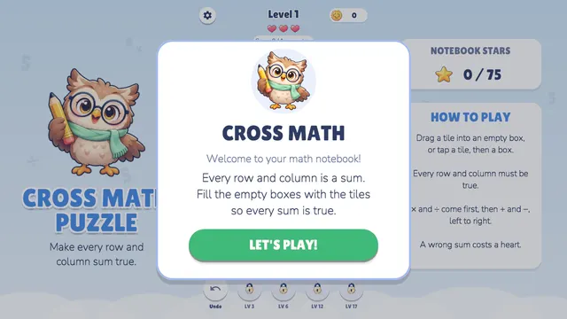 Cross Math Puzzle welcome card with an owl holding a pencil