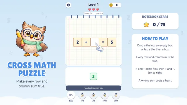 Notebook stars counter at 0 of 75 with three hearts at the top