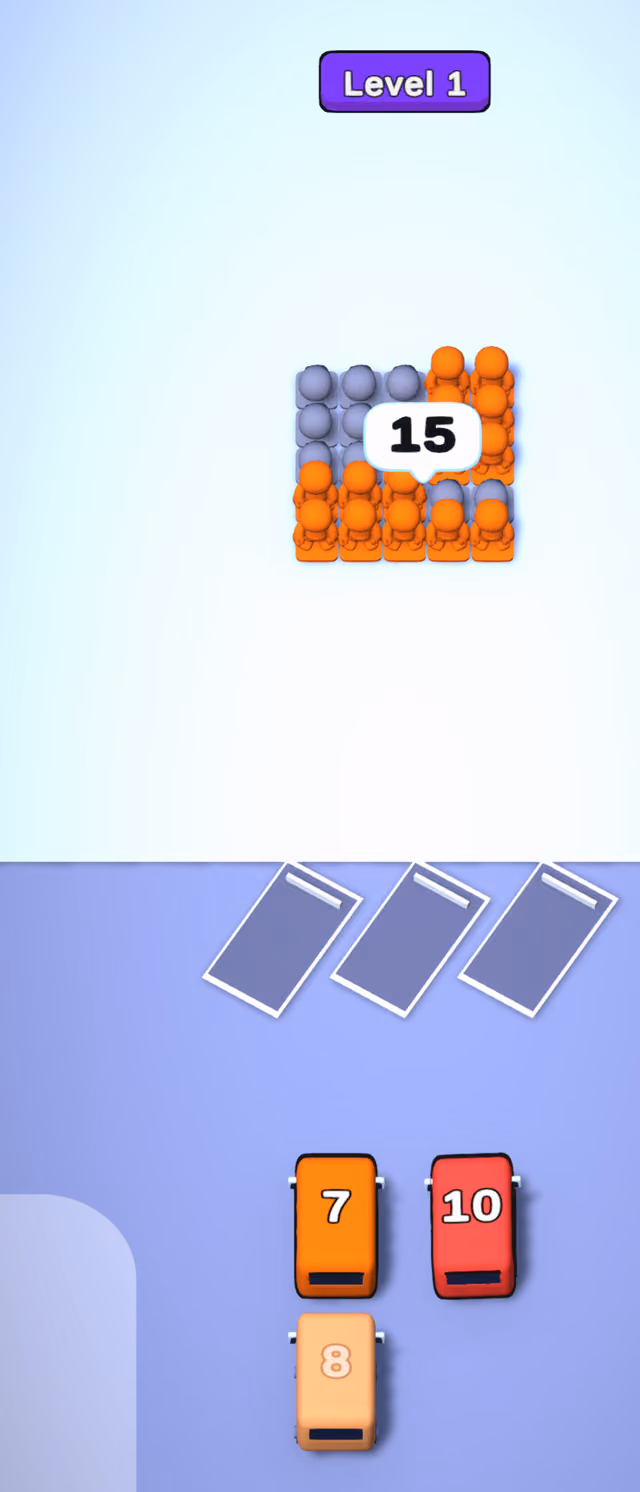 Crowd Loader level 1: a crowd of 15 passengers and numbered buses