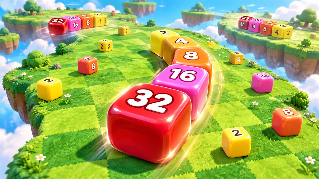 A train of glossy number cubes racing across a floating grassy island