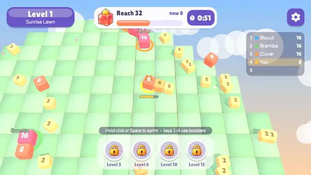 Cube Merge Arena: steering an 8 cube train on the grass island