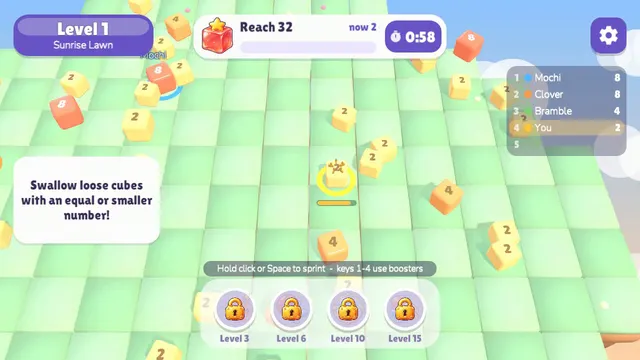 Cube Merge Arena start: swallow loose cubes with an equal or smaller number