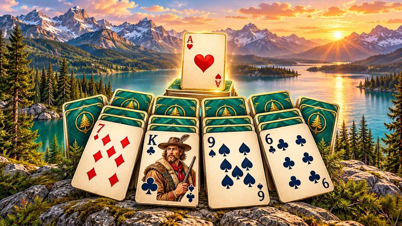 Solitaire cards fanned out over a mountain lake at sunset