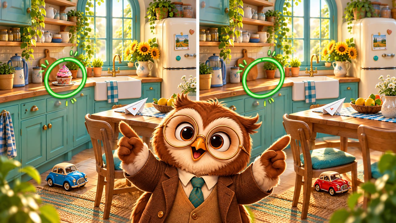 Difference Duo cover art: two sunny kitchen pictures and an owl professor rival