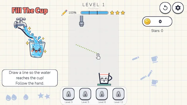 Fill The Cup level 1 with a tap at the top and a cup below on graph paper