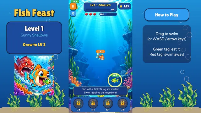Fish Feast Sunny Shallows level with the goal to grow to level 3