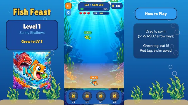Small fish swimming toward green-tagged fish