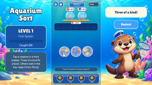 Tray and Caught 0/9 counter under the fishbowls