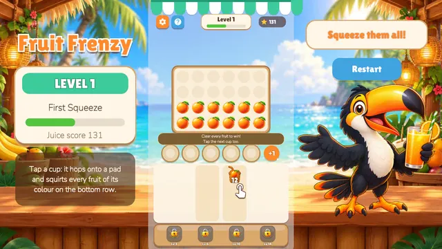 Juice cups and pads below the fruit board