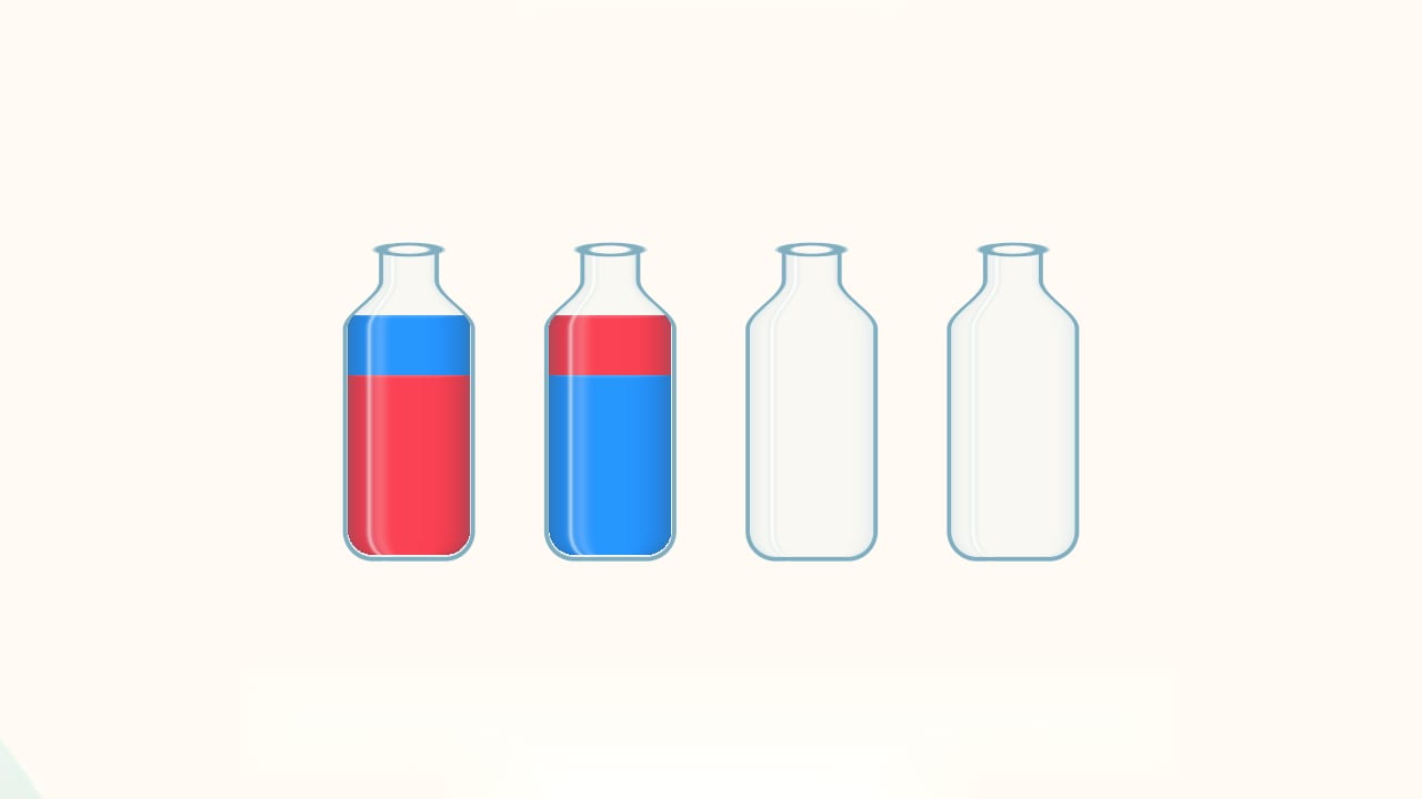 Garden Pour: four bottles, two with red and blue layers and two empty