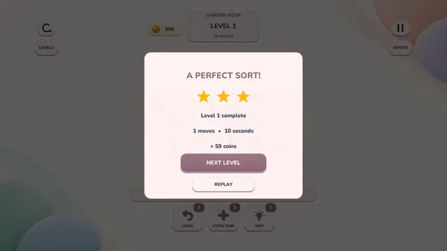 Garden Pour level complete screen with three stars after one pour