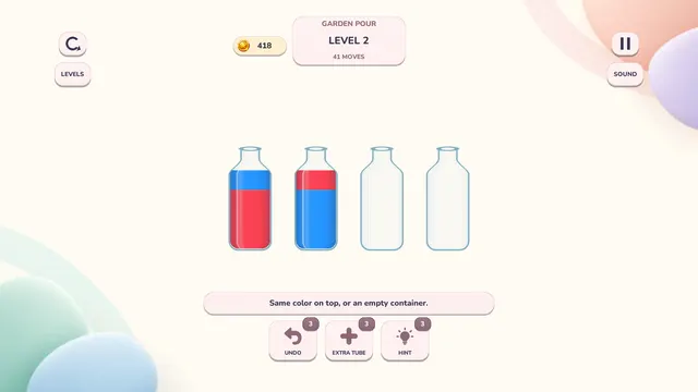 Garden Pour level 2: red and blue layers in four bottles, 41 moves