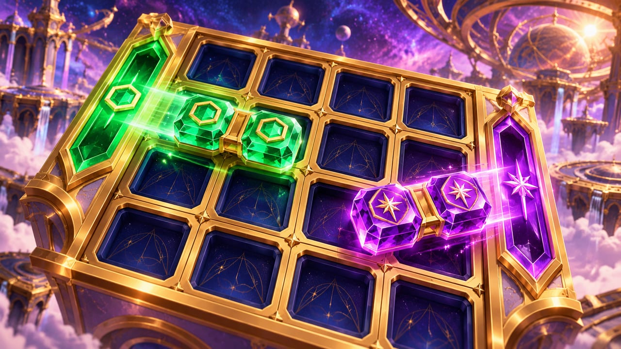 Glyph Blocks cover art: glowing relic blocks sliding to star gates under a cosmic sky