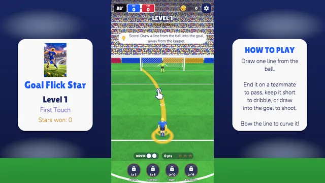 A curved shot heading toward the goal in Goal Flick